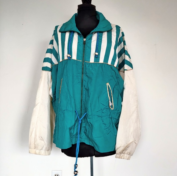 Vintage Jackets & Blazers - Vintage 80s Teal White Stripe Windbreaker Jacket L